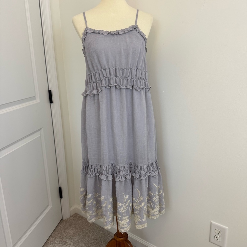 Moon River Blue Embroidered Ruffle Tiered Midi Dress Size Small Cottagecore